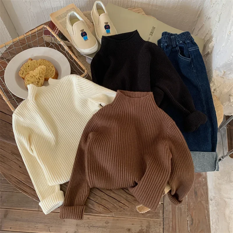

Children Clothing Fashion Casual Knit Base Shirt 2024 Autumn Winter New Boys Girls Solid Color Simple Half Turtleneck Sweater