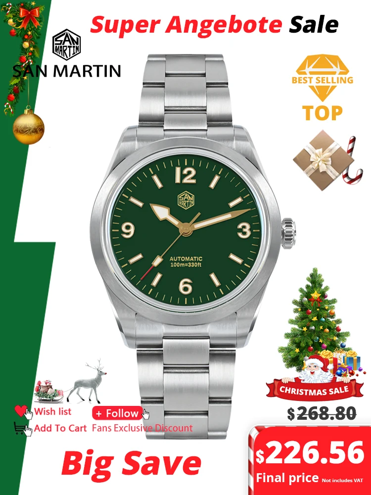 San Martin New 38mm Vintage Enamel Dial NH35 Men Sport Watch Explore Climbing Series Automatic Mechanical Sapphire 10Bar BGW-9