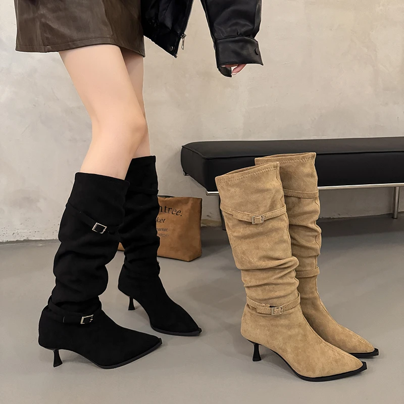 

НОВЫЕ универсальные ботинки на 2025 год. Мягкие кожаные бархатные сапоги выше колена на высоком каблуке. Женские весенне-осенние мягкие ботинки.