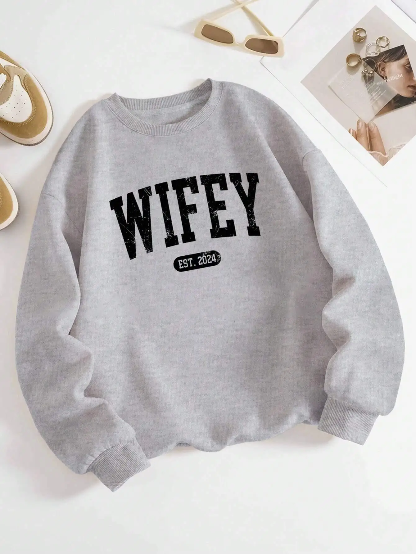 Street Casual Damen Pullover mit „Wifey“-Aufdruck, warmer, weicher Kapuzenpullover, lockerer Rundhals-Fleece-Pullover, Damenbekleidung – Detail 11