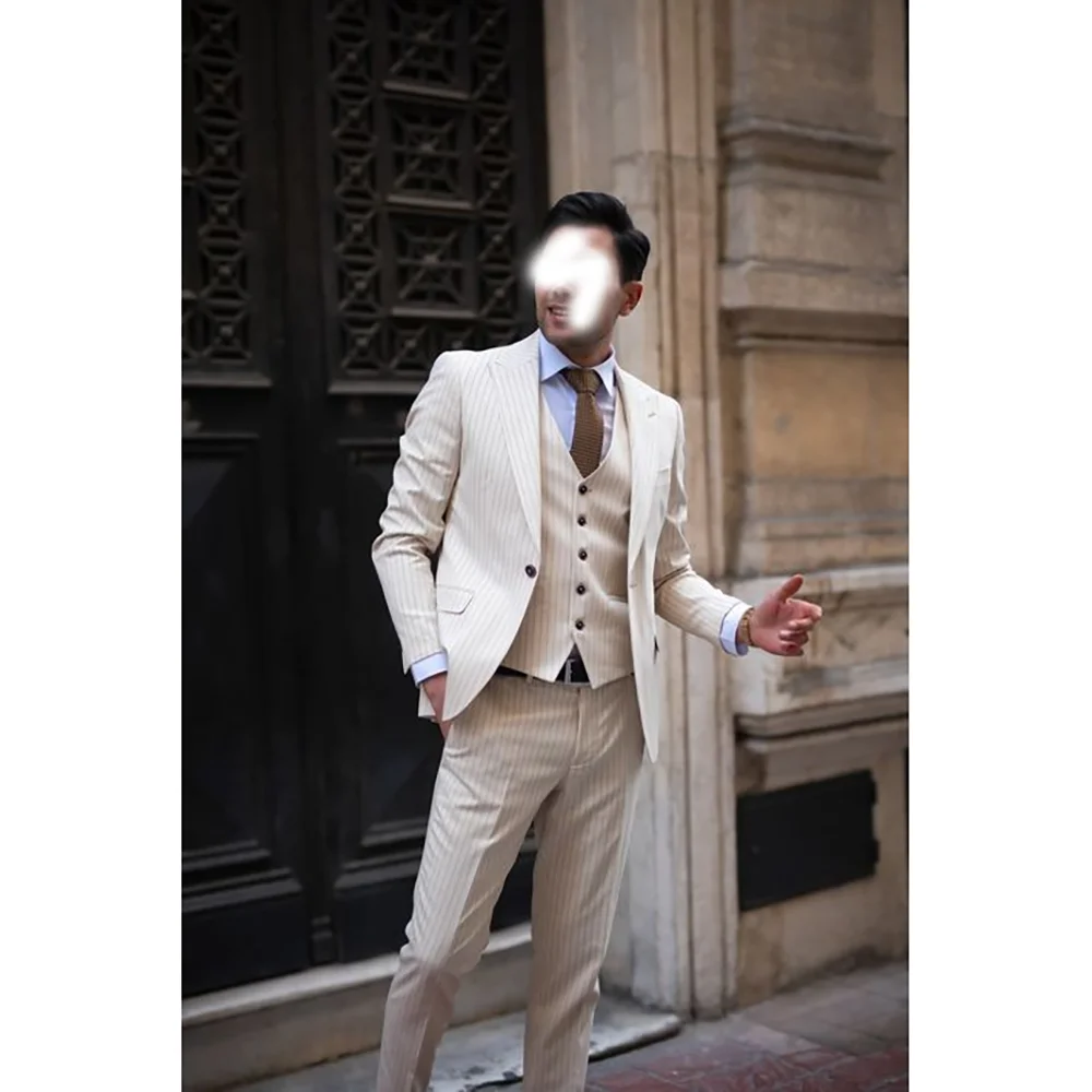 

Мужской костюм на одной пуговице в белую полоску, комплект из 3 предметов (пиджак + брюки + жилет), тонкие комплекты для выпускного, свадьбы, официального офиса, вечеринки, индивидуальные комплекты