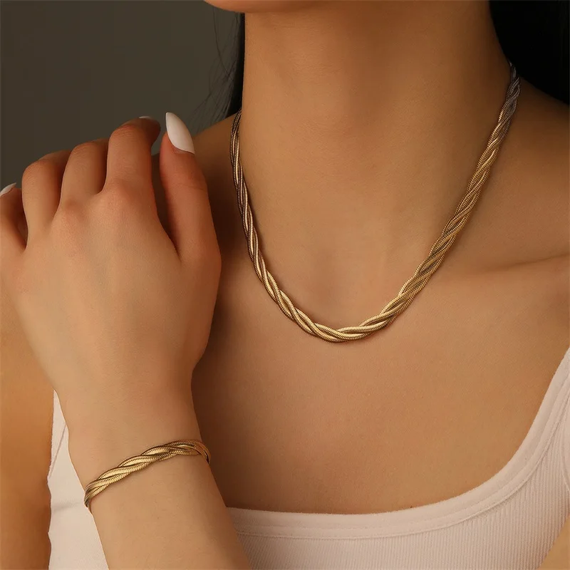 EILIECK 316L Edelstahl Metall Kreuz Geflochtene Kette Halskette Armband Set für Damen Modisches Statement Wasserdichtes Schmuckgeschenk – Detail 8