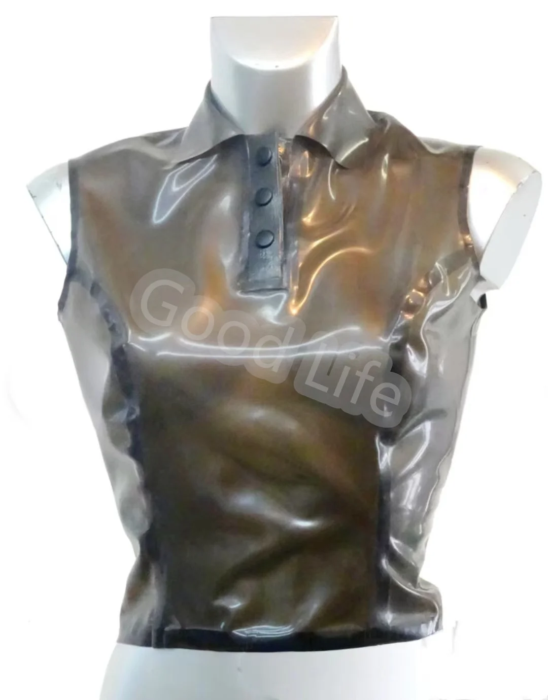 Handmade Transparent Natural Latex Woman Shirt Latex Rubber Crop Top Fold Collar With Front Button Latex Lady Sleeveless Shirt