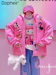 Loose Pink Long Sleeve Hooded Sweatshirts Women Spring Autumn 3d Doll Candy Color Cartoon Print Drop Sleeve Jacket 2024 New