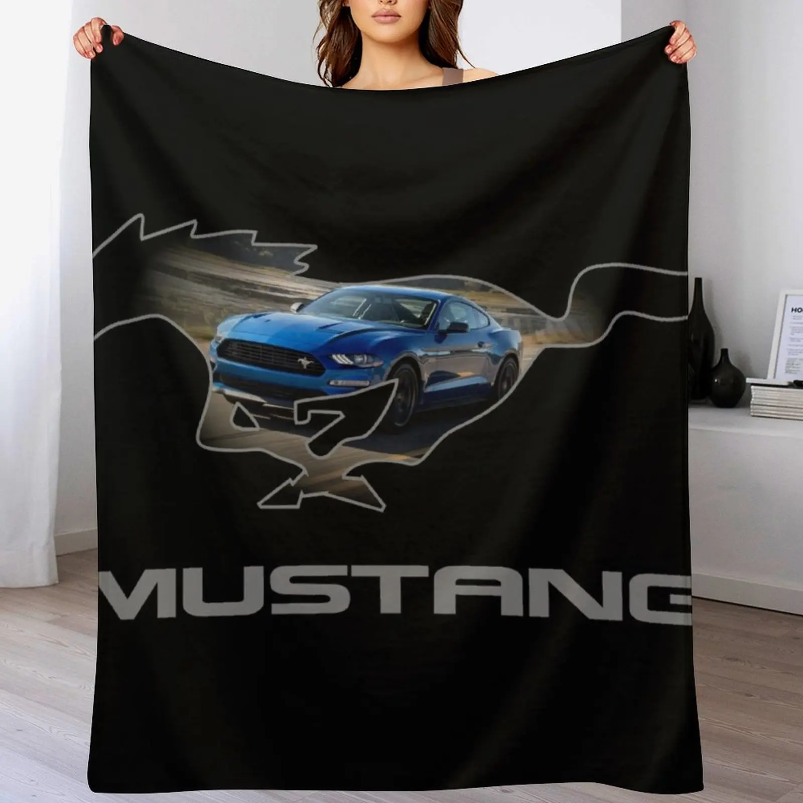 

Ford Mustang GT Logo Emblem Design (Blue on Black) Throw Blanket Beautifuls Warm Weighted Multi-Purpose Blankets