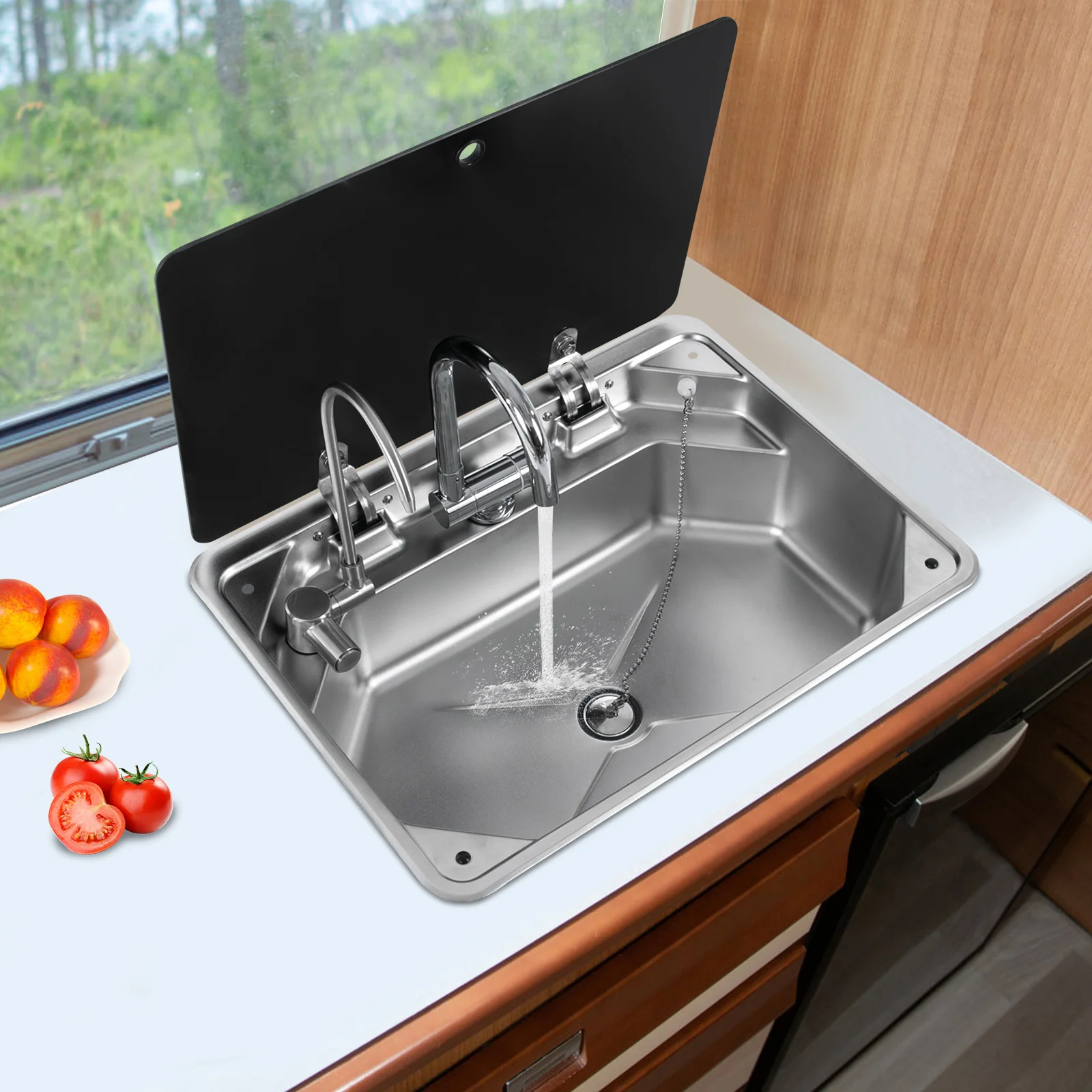 Stainless Steel RV Sink Combo Drop-in Kitchen Sink W/Drainer Filter Hot&Cold Water Faucet Drain Pipes for Camper RV Caravan Boat