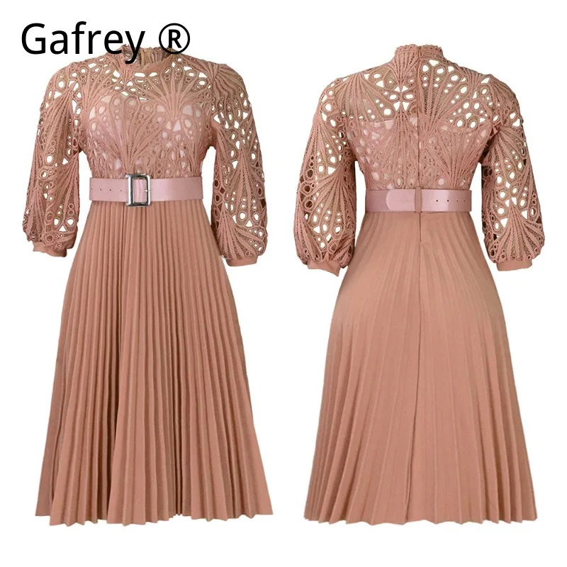 5XL XL Women Plus Size Solid Crochet Lace Dress Elegant Hollow Out Pleated Slimming Curve Formal Wedding Party Outfit Classy New