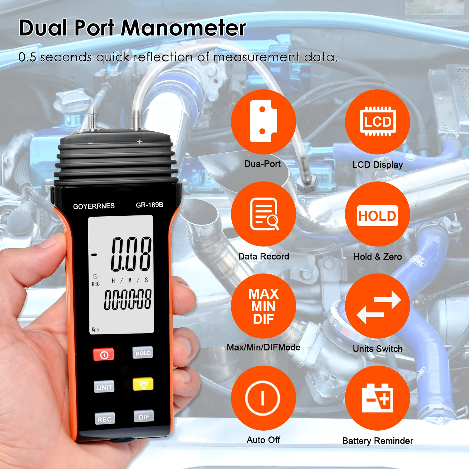 Digital Differential Pressure Gauge 0.3% Accuracy 11 Units 25 Mins Auto Off Air Pressure Tester for HVAC Lab Technical Use