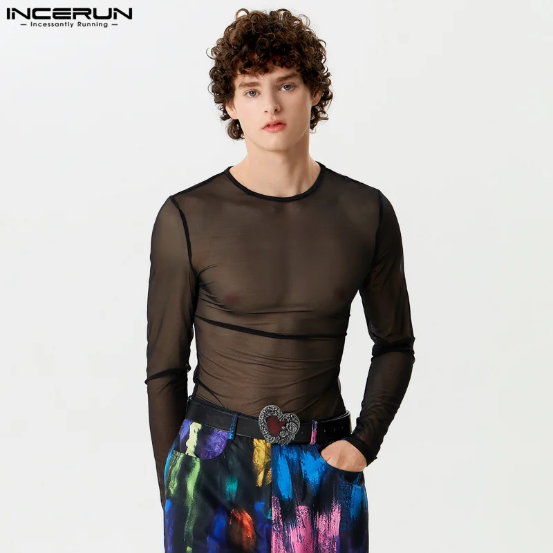 Party Nightclubs Style Tops INCERUN New Mens See-through Mesh T-shirs Casual Comfortable Thin O-neck Long Sleeved Camiseta S-5XL