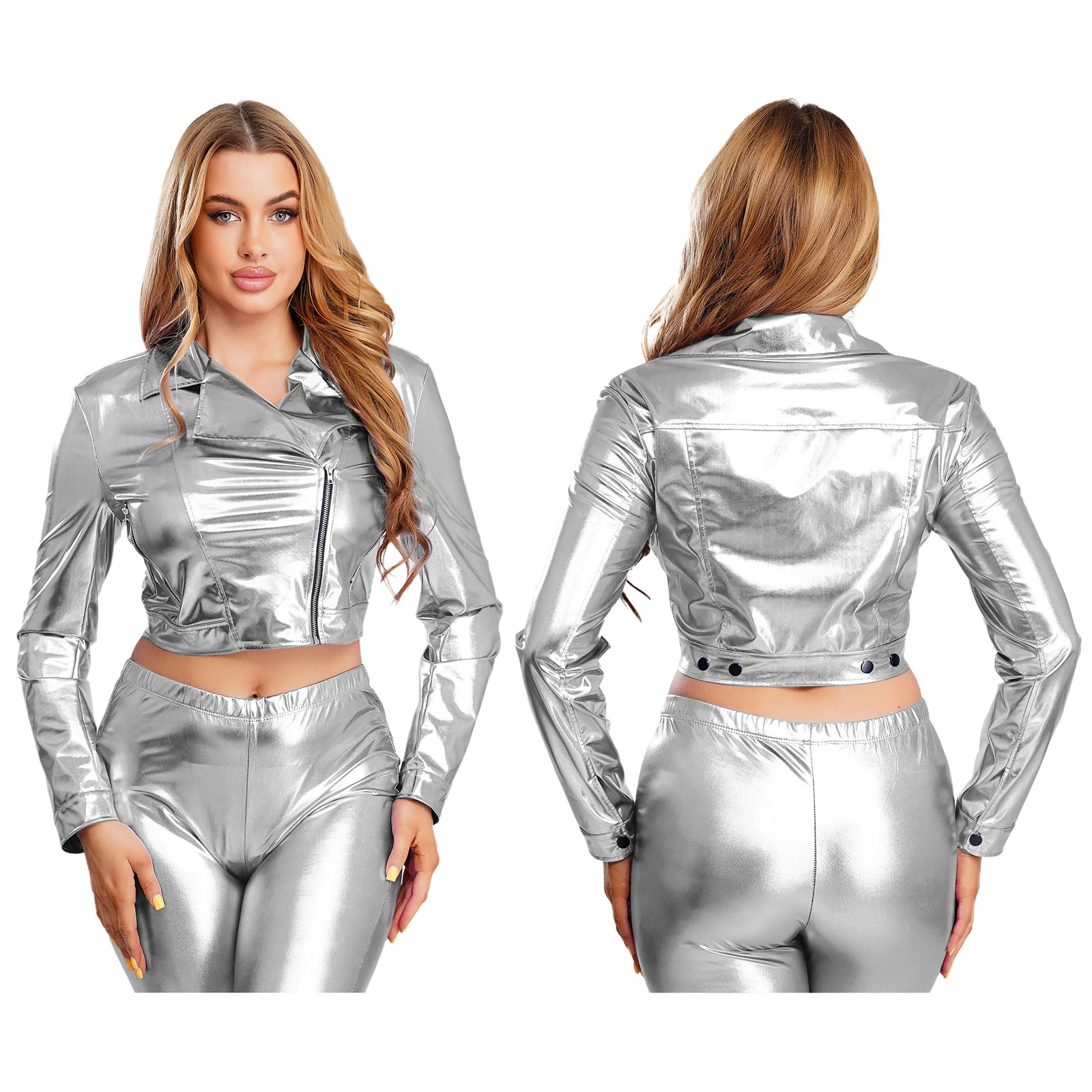 

Женская модная блестящая укороченная куртка с длинными рукавами, на молнии сбоку, для выступлений, вечеринок, клубов, в стиле байкерской или музыкальной одежды