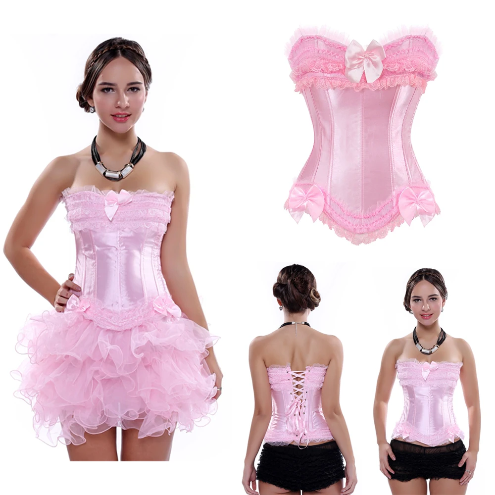 

Sexy Overbust Corset Top Lace Bowknot Decorated Showgirl Body Shaper Gothic Satin Lace up Red Bridal White Plus Size Shaper