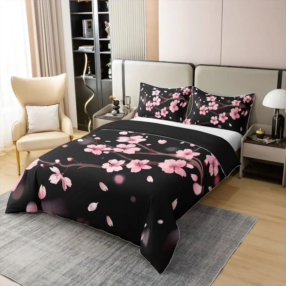 Set Sprei Katun 100% Motif Bunga Sakura Jepang Warna Pink dan Hitam