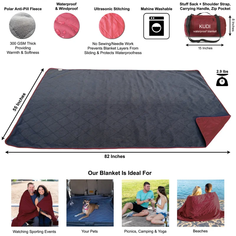 Polar Fleece Polyester Camping Blanket, Waterproof, Thickened ,Portable Picnic Mat ,Moisture-Proof, Machine Washable