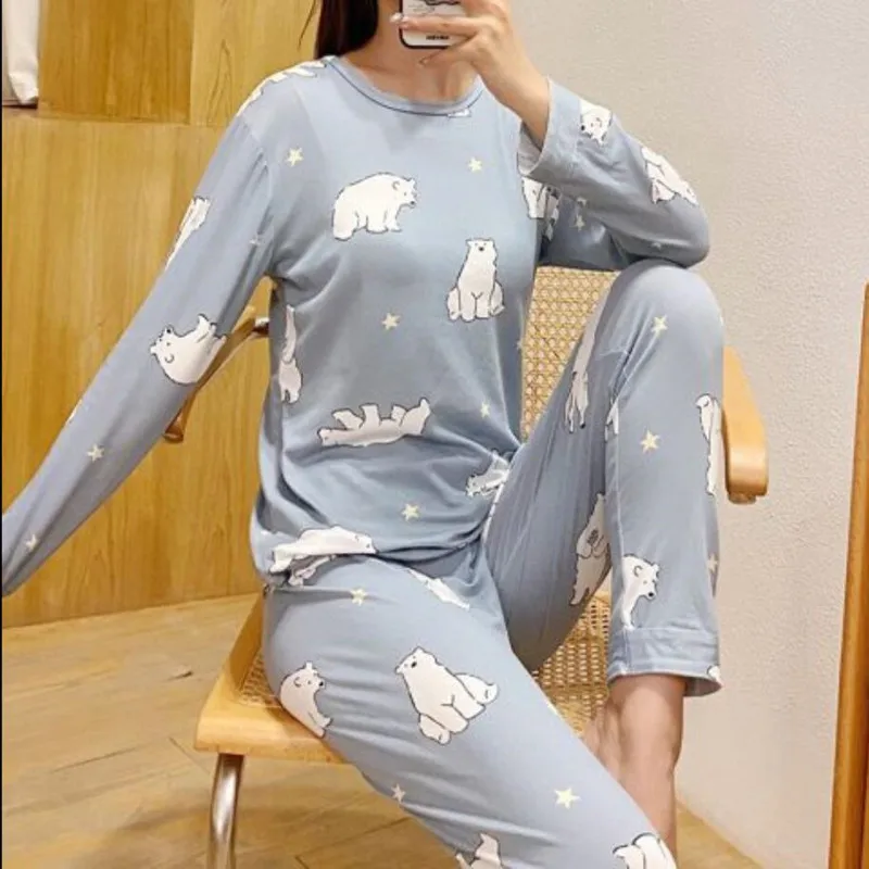 Pajamas Women\'s Spring and Autumn Thin Long Sleeve Cartoon Pijamas Two-piece Korean Loose Cute Sleepwear Homewear Two-piece Set