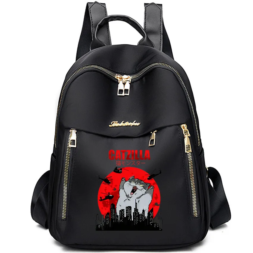 

Female Waterproof College Backpack Women School Bags Funny Art Japanese Cat Graphic for Cat Lover Catzilla Printed Girl Rucksack