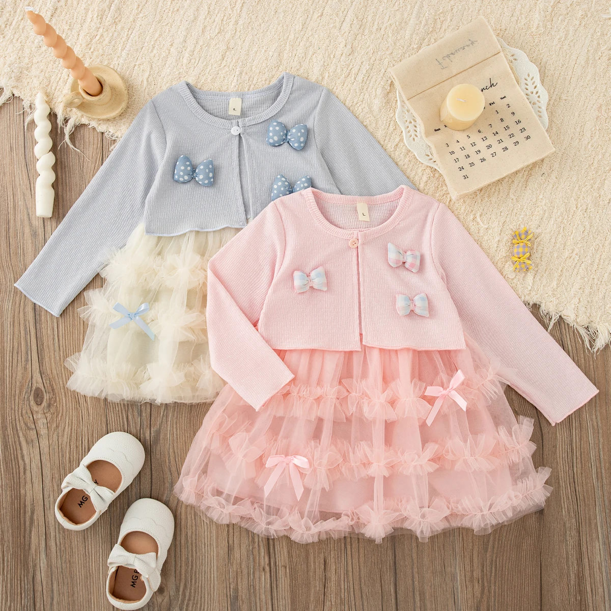 Girls Dresses Spring/Autumn Cotton Bow Mesh Cartoon Long Sleeved Baby Girl Dress Sweet And Lovely Princess Dress Baby Clothing