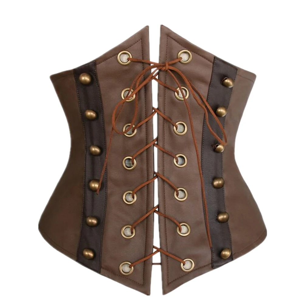 Brown Steampunk Corset Gothic Leather Underbust Waist Cincher Bustiers Pirate Costume