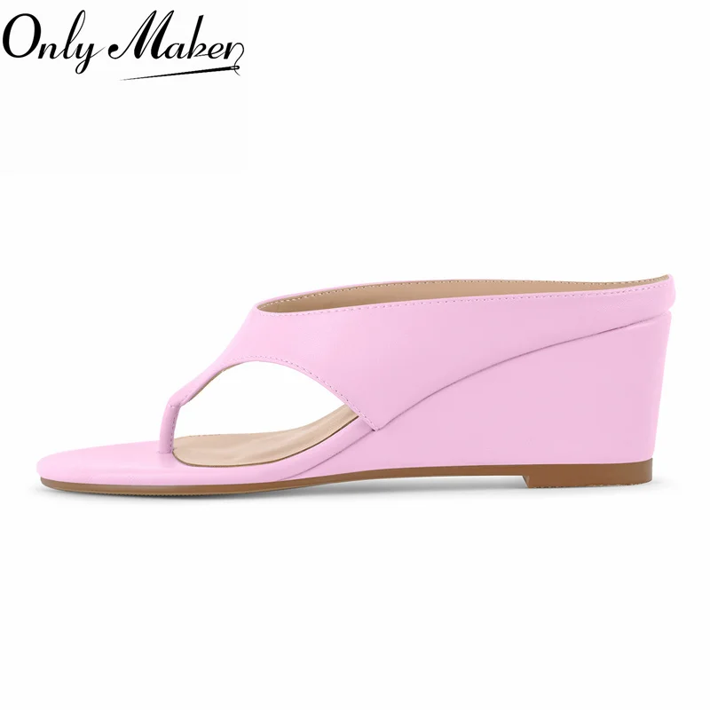 Onlymaker Women Pink Thong Wedge Mule Sandals Round Open Toe Slip On Slide Summer High Wedge Heel Flip Flop Sandals