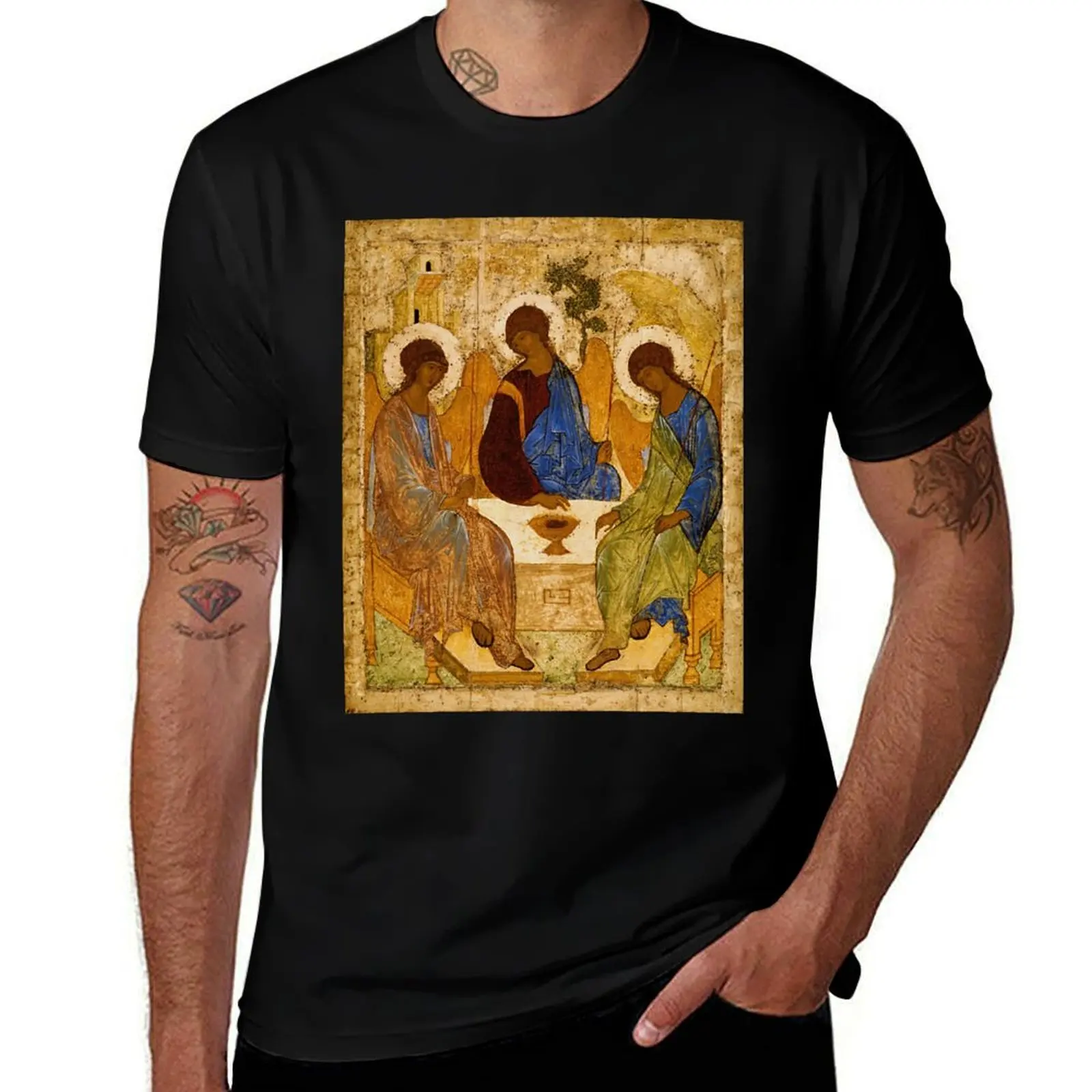 

Holy Trinity Painting Rublev Trinity Print Icon Christian Religious Wall art T-Shirt Christmas Theme Tee Top