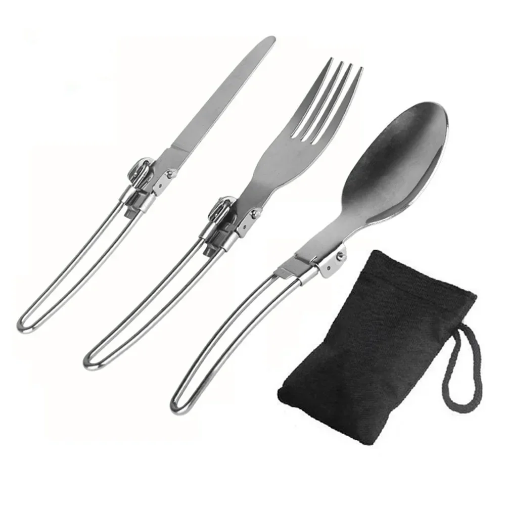 

Foldable Stainless Steel Cutlery Set Camping Spoon Fork Flatware Cutlery Utensil Set Supplies With Bag Water Resistant Pouch