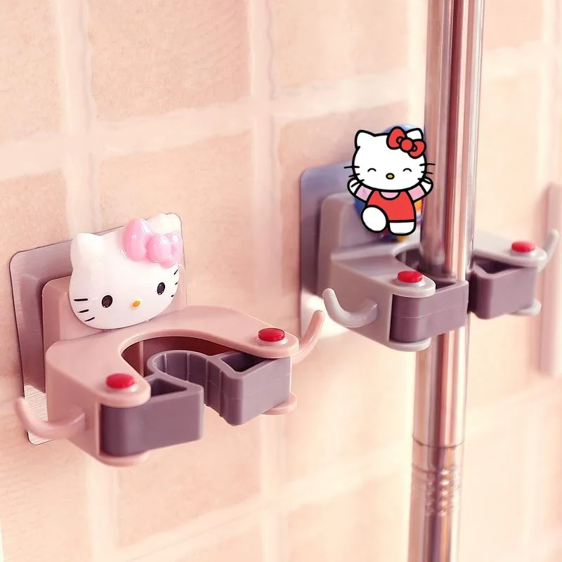 Sanrio Hello Kitty Mop Clip Non-marking Bathroom Hooks Wall-mounted Multifunctional Broom Hanging Rack Hook Storage Organizer