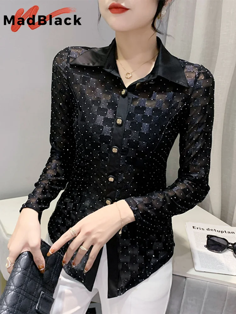 MadBlack Spring Hot Drill Shirt Sexy Sheer Women Turn Down Collar Long Sleeves Button Black Tops Clubwear Shirts New  T32521Z