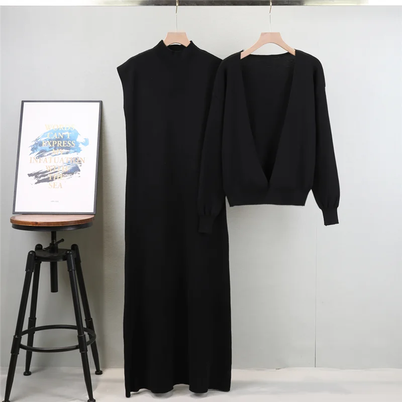 Autumn New Knit Skirt Sets Casual Slim Sleeveless Midi Dress Long sleeved deep V Tops Two-piece Set for Women vestidos