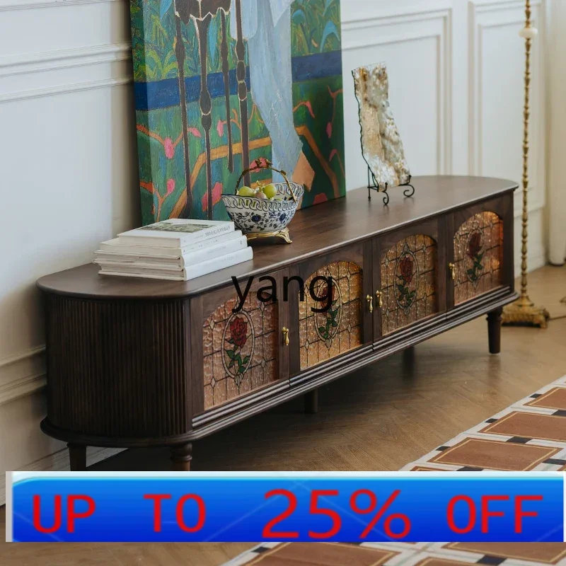 

LH black walnut solid wood TV cabinet Nordic retro living room home stained glass TV cabinet