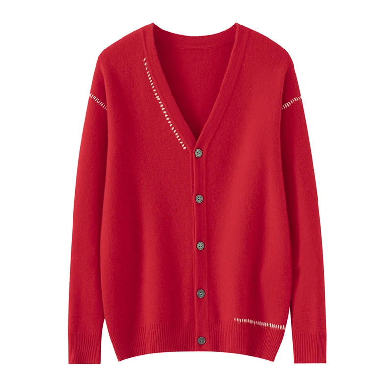 100% سترة من الصوف الخالص الخامس الرقبة زر أسفل سترة الأعمال عادية الخريف والشتاء سترة صوف سميكة محبوك قاع قميص #1