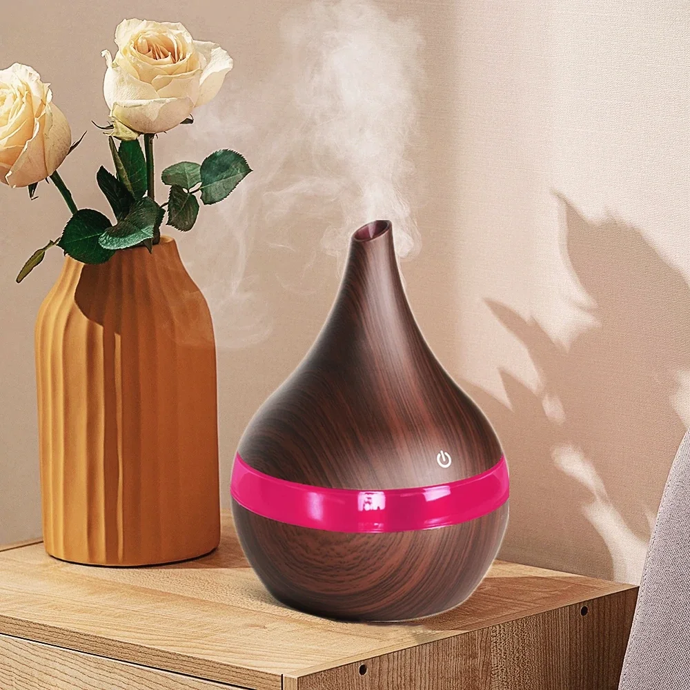 300ml USB Wood Grain Essential Oil Diffuser with LED Lights for Home, Office, and Car