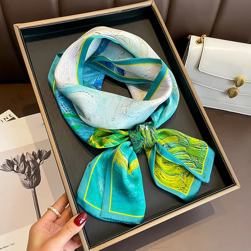 100% Real Silk Scarf Women 2026 Blue Oil Painting Scarves Long Pure Silk Ribbon Hijabs Double-sided Neckerchief Foulard