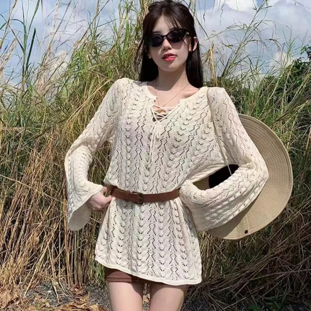 Hollow Out Pullovers Women Lace-up V-neck Spring Vintage Aesthetic Sweaters Holiday Streetwear Fashion Lovely Girlish Thin Knit