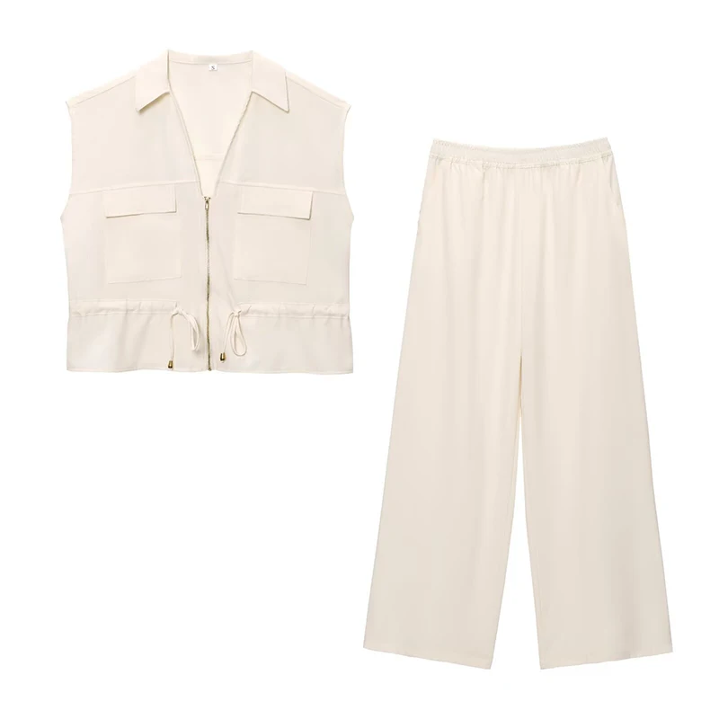

RAFZNB Elastic Waist Wide Leg Pants Sets for Women 2 Pieces Fashion Lace-up Sleeveless Tops Two Piece Set Women Outfits