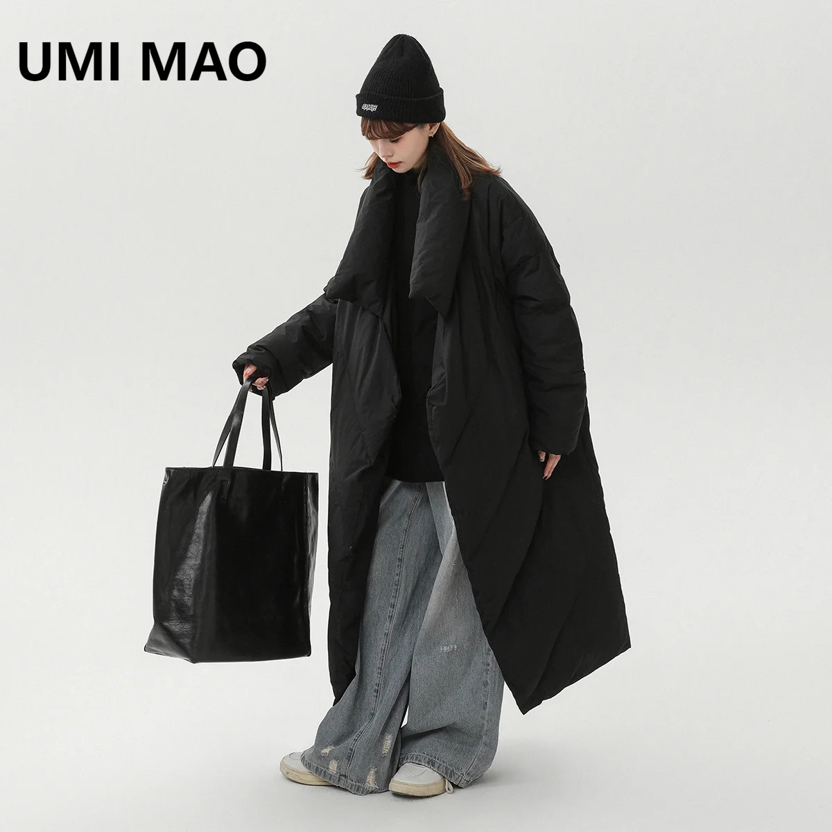 UMI MAO 코튼 재킷, 두꺼운 따뜻한 흰색 벽 걷기, 대형 코튼 퀼트 디자인, 무릎 길이 코튼 재킷, 남녀공용