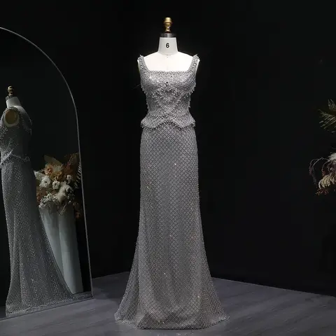 Sharon Said Lyxig Dubai Grå Rak Aftonklänning med Axelband Arabiska Kvinnor Bröllopsformella Festklänningar SS631 Anpassad 10 best sales Arabisk förlovningsklänning - №2