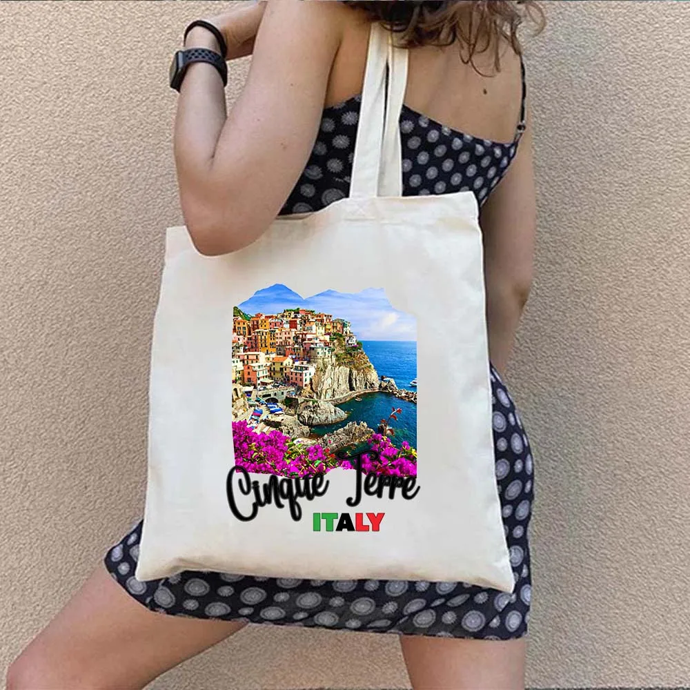 Sac fourre-tout en toile de Cinque Terre Italia, sacs à main de plage décontractés, peinture italienne, interconnexion de paysage, initié au shopping, Harajuku