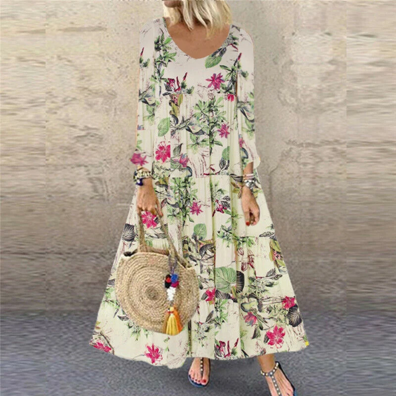 Vestido Largo con Estampado Floral Retro, Estilo Vintage, para Mujer, Éxito de Ventas en Tienda Independiente