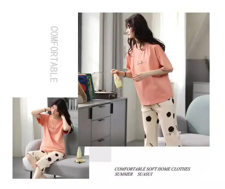 Damen-Sommerpyjama: Kurzarm, 3/4-Länge Hose, Pullover, Rundhals, Bedruckt, Frühling/Herbst-Stil, Übergrößen-Pyjama-Set – Detail 9