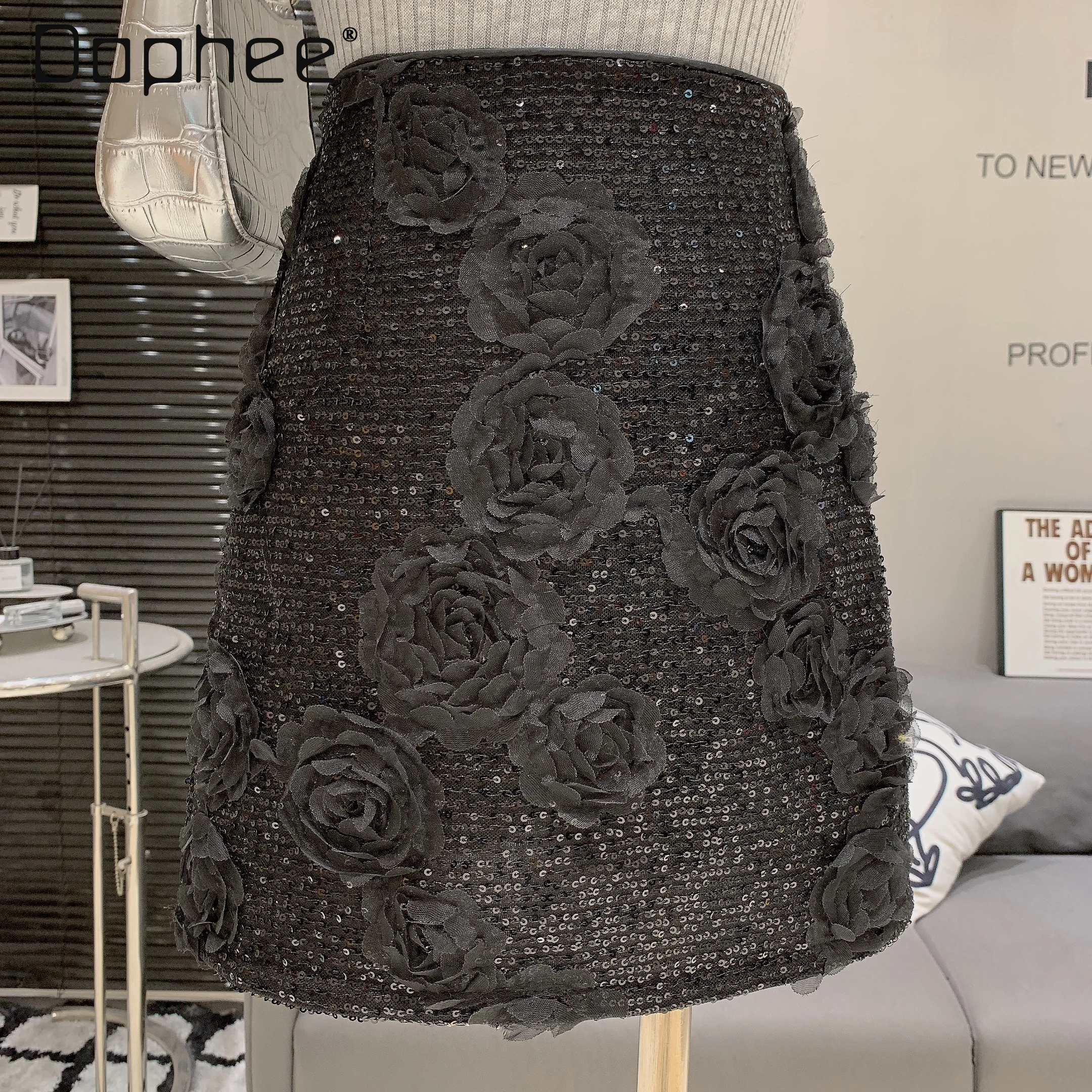 French Temperament Heavy Industry Flower Sequined Skirt Hot Girl Fashionable Sexy High Waist Mini Skirt Women A-line Skirts