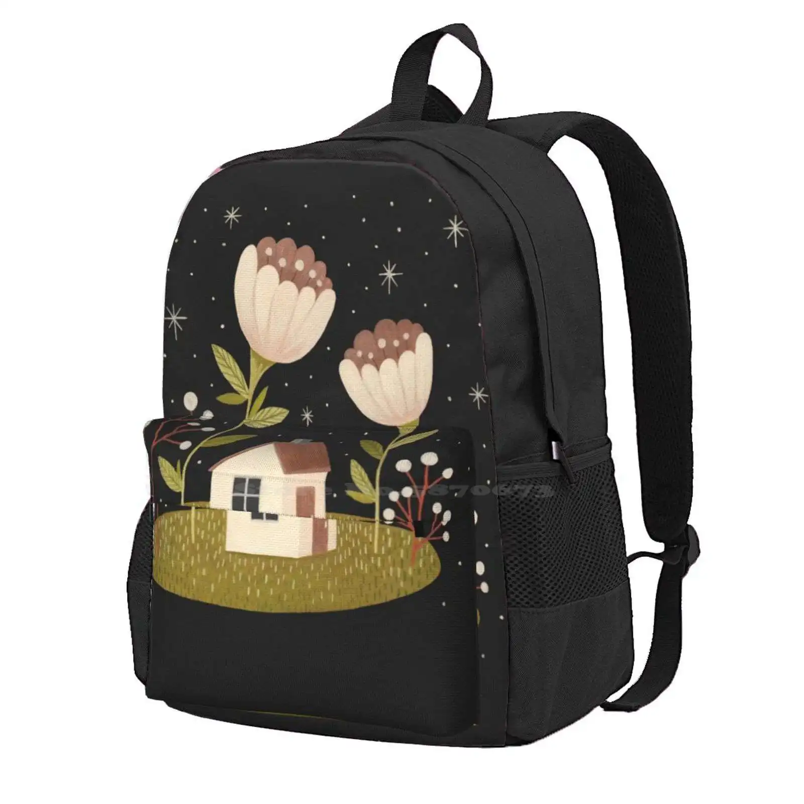 Tiny House Among Flowers Hot Sale Schoolbag Backpack Fashion Bags House Home Cabin Cottagecore Flowers Floral Plants Nature