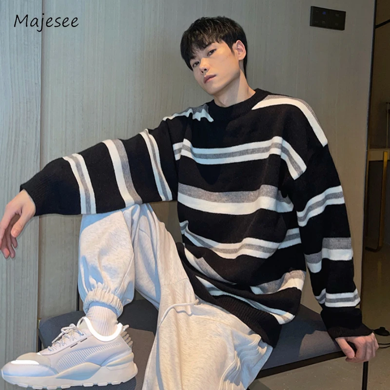 Striped Sweaters Men Autumn Chic All-match Fashion Korean Style Harajuku Knitwear Teenagers High Street Handsome Hipster Simple