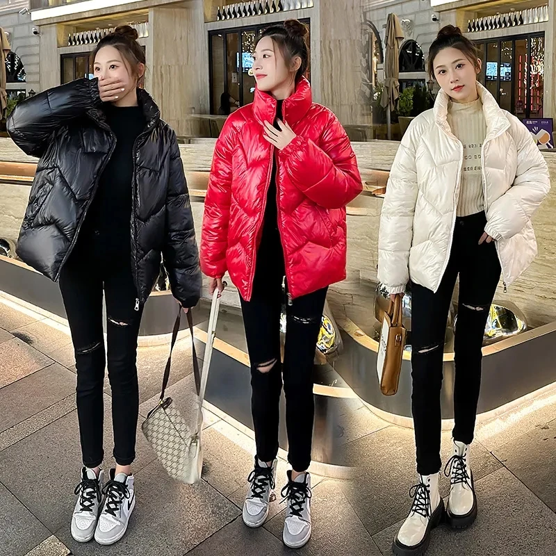 Fashion Parkas Bright Faux Leather Down Cotton Jacket Women Winter Coat Loose Cotton Padded Student Coat Warm Outerwear Female