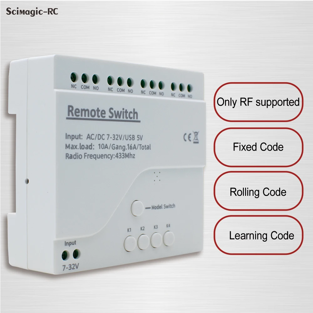 

4CH Garage Gate Door Receiver 433mhz Light Remote Control Switch AC DC 12V 24V 110V 220V Momentary Toggle Latched Relay Module