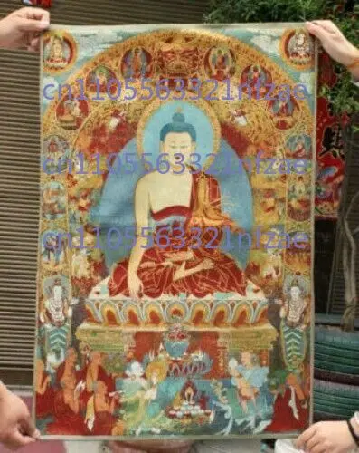 36-calowy tybetański buddyjski jedwabny obraz na płótnie, czerwony Thangka z Buddą Siakjamunami, haftowany mural