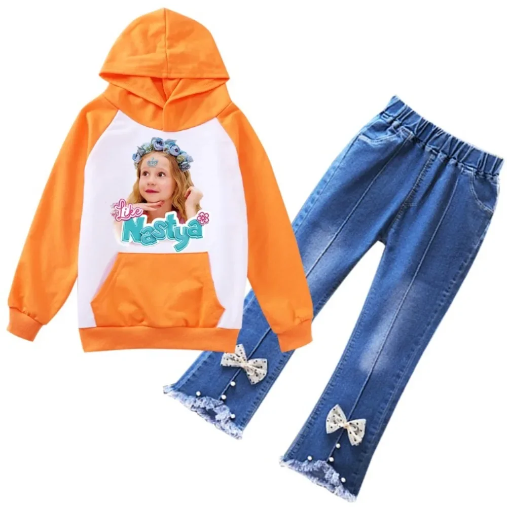 New Kawaii Like Nastya Love Hoodie Kids Spring Autumn Hoodie+Denim Pants 2pcs Sets Boys Cartoon Tracksuits Toddler Girls Outfits