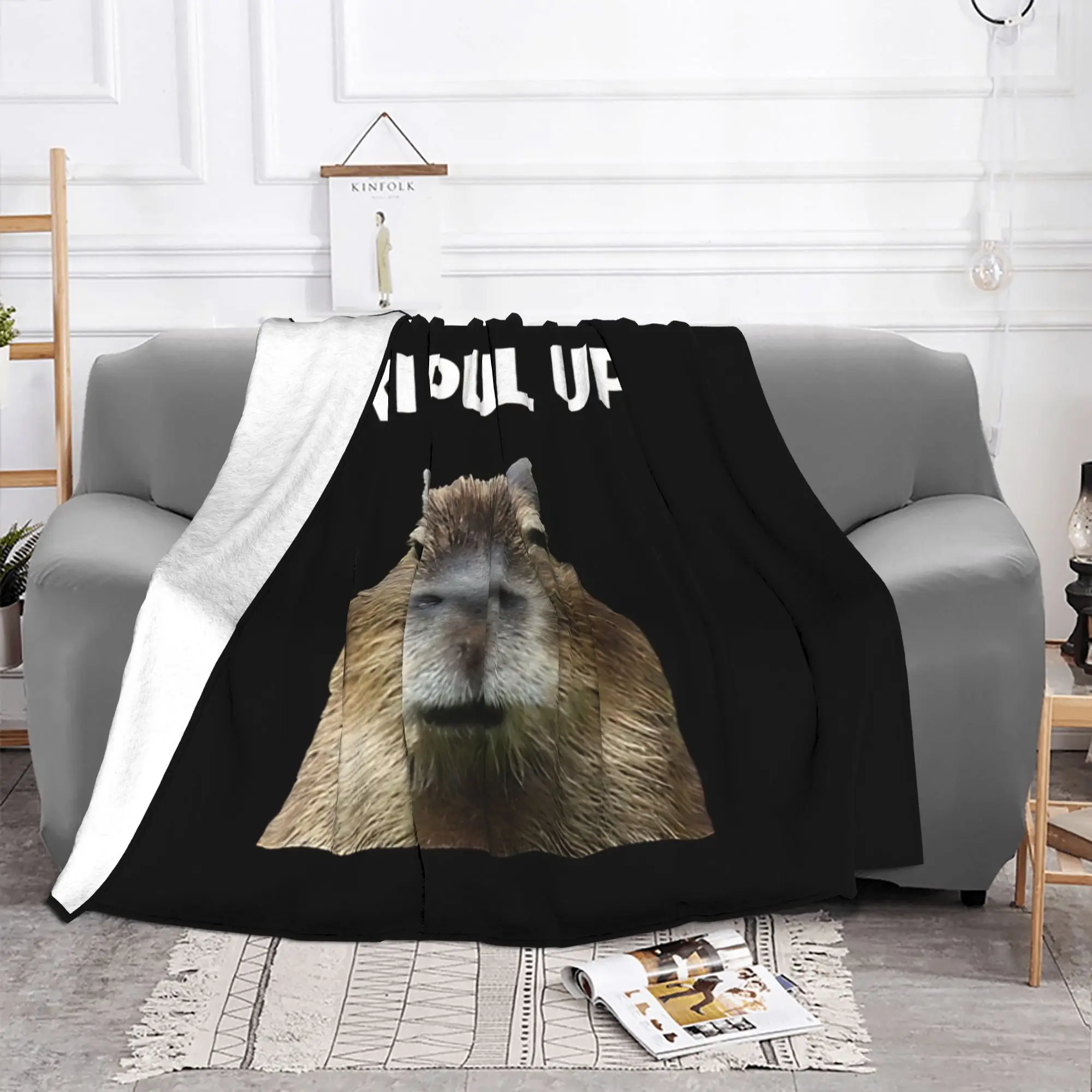 1PC Home Cute Room Decor Ok I Pull Up Blanket Throw Blanket Capybara Novelty Warm Blanket All Season