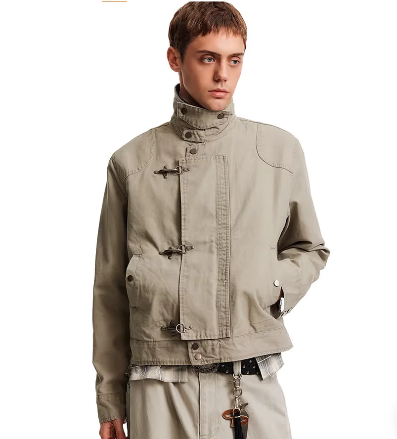 Unisex Cool and Edgy High Street Short and Wide Workwear Jacket with Retro Stand-Up Collar