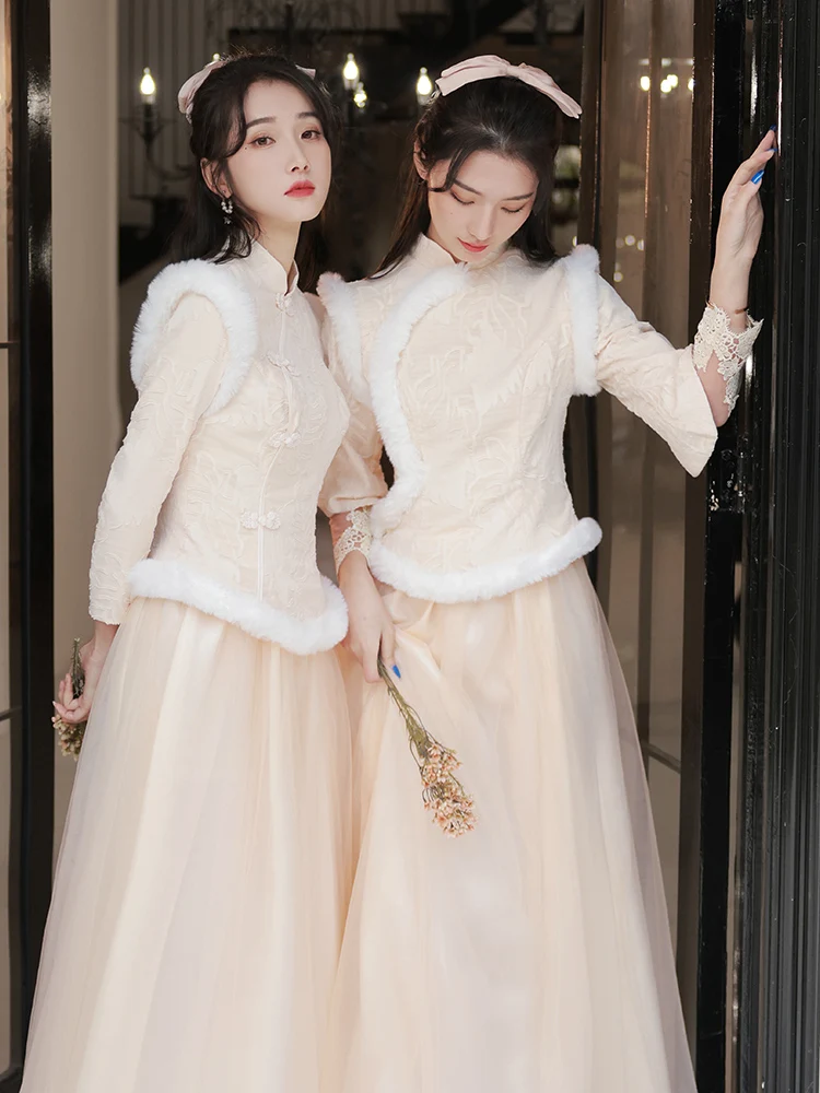 

Теплый женский костюм-ципао цвета шампань с длинными рукавами в китайском стиле для подружек невесты на зимний сезон