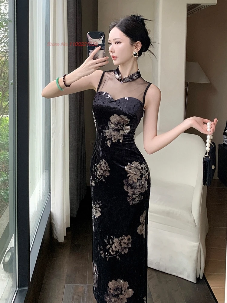 

2025 chinese sexy dress improved qipao national flower print sleeveless mesh velvet cheongsam nightclub banquet evening dress