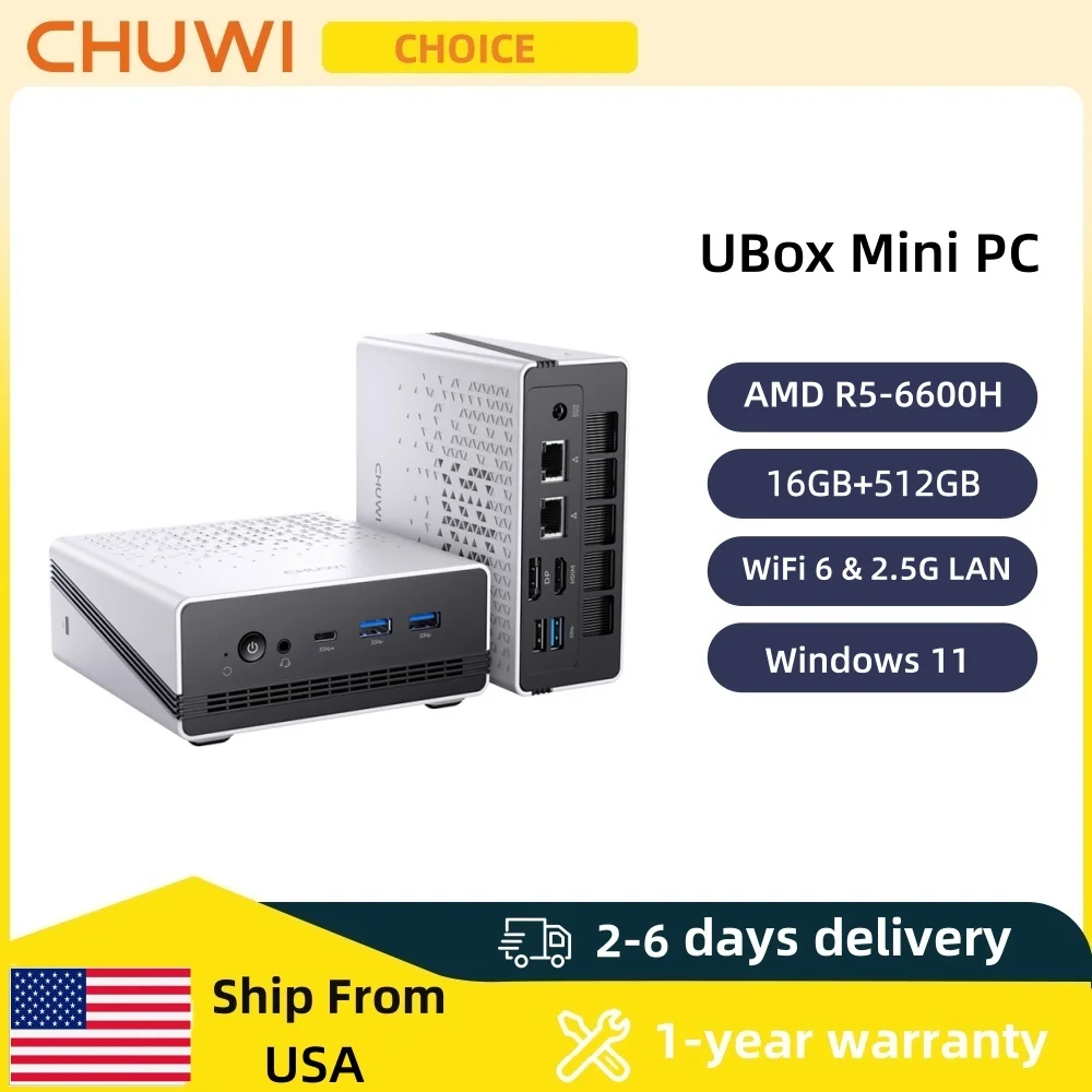 CHUWI UBox كمبيوتر صغير AMD R5-6600H 6 النوى 12 موضوع DDR5 16GB 512GB SSD 4.5 جيجا هرتز ماكس تردد واي فاي 6 & 2.5G LAN كمبيوتر مكتبي #1